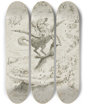Triptych art skateboard deck of George Cruikshank Puck On Pegasus_1 by George Cruikshank (1792-1878)