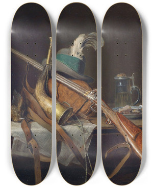 Triptych art skateboard deck of Josef Mansfeld Auseer Jagdstillleben by Josef Mansfeld (1819-1894)