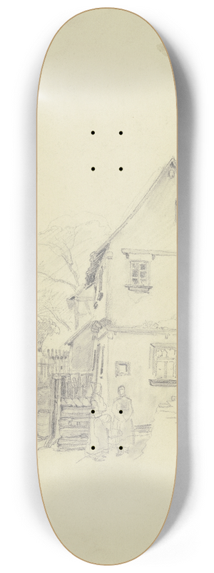 Jakob Frchtegott Dielmann - Ein Haus, vor demselben stehen zwei Frauen am Brunnen, oben Entwurf zu einem Mdchen mit einem Korb 8.25 inch art skate deck