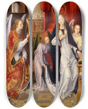 Triptych art skateboard deck of Hans Memling The Annunciation_1 by Hans Memling (1430-1494)
