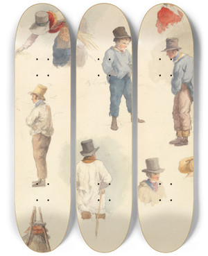 Triptych art skateboard deck of Robert Hills Farm Laborers And Other Studies by Robert Hills (1769-1844)