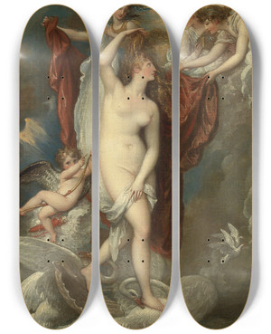 Triptych art skateboard deck of Benjamin West Venus At Her Birth Attired By The Three Graces by Benjamin West (1738-1820)