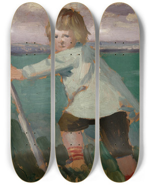 Triptych art skateboard deck of Augustus John Boy On A Cliff Leaning On Astick by Augustus John (1878-1961)