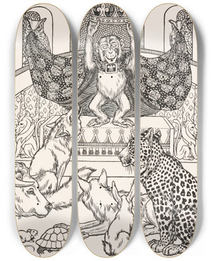 Triptych art skateboard deck of Percy J Billinghurst The Fox The Monkey And The Animals by Percy J Billinghurst (1871-1933)