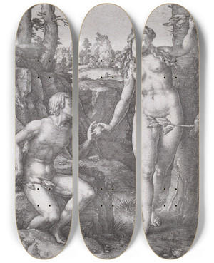 Triptych art skateboard deck of Lucas Van Leyden The Fall Of Man_2 by Lucas Van Leyden (1494-1533)