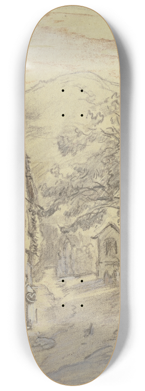 Jakob Frchtegott Dielmann - Strae in Mayscho, links zwei Frauen im Gesprch, im Hintergrund eine Kapelle 8.25 inch art skate deck