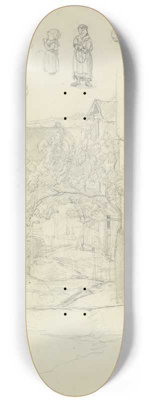 Jakob Frchtegott Dielmann - Studienblatt; Ansicht einer Strae in Kronberg, oben verschiedene Figurenstudien. 8.25 inch art skate deck