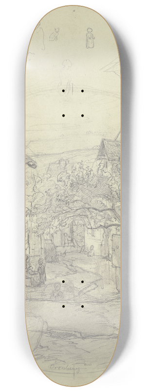 Jakob Frchtegott Dielmann - Studienblatt; Ansicht einer Strae in Kronberg, oben verschiedene Figurenstudien 8.25 inch art skate deck