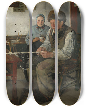 Triptych art skateboard deck of Christian Krohg The Net Mender by Christian Krohg (1852-1925)