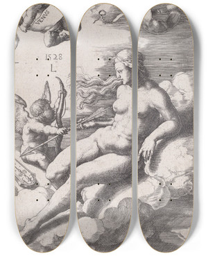 Triptych art skateboard deck of Lucas Van Leyden Venus And Cupid by Lucas Van Leyden (1494-1533)