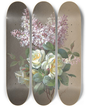 Triptych art skateboard deck of Paul De Longpre Roses And Lilacs by Paul de Longpre (1855-1911)