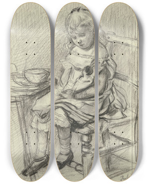 Triptych art skateboard deck of Otto Scholderer Kleines Mdchen Eine Puppe Ftternd by Otto Scholderer (1834-1902)