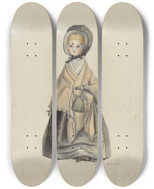 Triptych art skateboard deck of Bertha Semple Quaker Doll by Bertha Semple