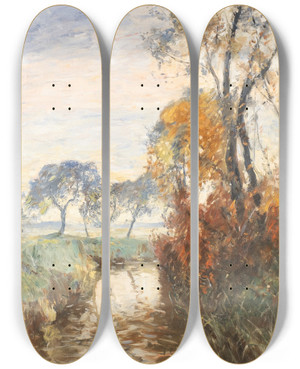 Triptych art skateboard deck of August Jernberg Autumn Landscape by August Jernberg (1826-1896)