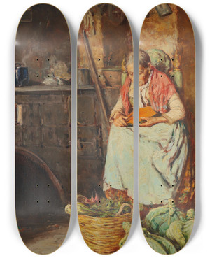 Triptych art skateboard deck of Giuseppe Giardiello In Der Kche by Giuseppe Giardiello (1877-1920)