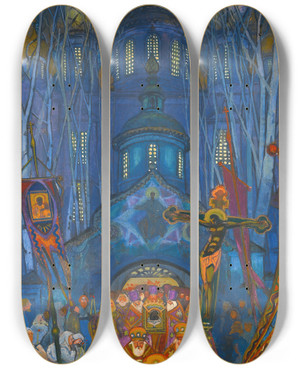 Triptych art skateboard deck of Leonid Mikhailovich Brailovsky Easter Night by Leonid Mikhailovich Brailovsky (1867-1937)