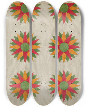 Triptych art skateboard deck of Bertha Semple Patchwork Quilt Top by Bertha Semple
