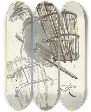 Triptych art skateboard deck of Simon Andreas Krausz Studies Van Een Man Met Een Mand Op De Rug by Simon Andreas Krausz (1760-1825)