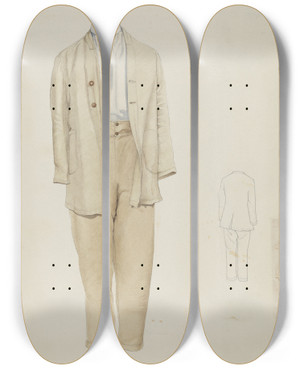 Triptych art skateboard deck of Helen E Gilman Shaker Mans Costume by Helen E Gilman