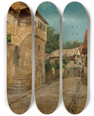 Triptych art skateboard deck of Curt Agthe In A Town_2 by Curt Agthe (1862-1943)
