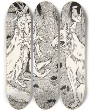 Triptych art skateboard deck of Percy J Billinghurst The Wolf And The Fox by Percy J Billinghurst (1871-1933)