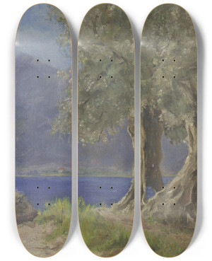 Triptych art skateboard deck of Fritz Hauck Olivenbaumgruppe An Einem Italienischen See by Fritz Hauck (1852-1909)