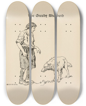 Triptych art skateboard deck of Katharine Pyle The Greedy Shepherd by Katharine Pyle