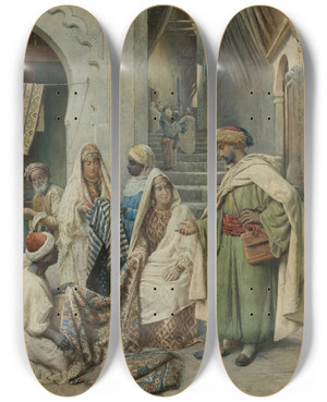 Triptych art skateboard deck of Federico Bartolini Visiting The Carpet Vendor by Federico Bartolini (1861-1908)