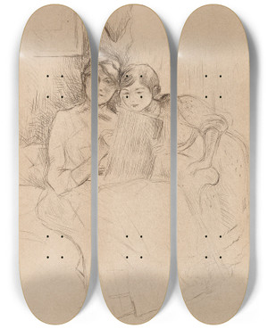 Triptych art skateboard deck of Berthe Morisot The Drawing Lesson_1 by Berthe Morisot (1841-1895)