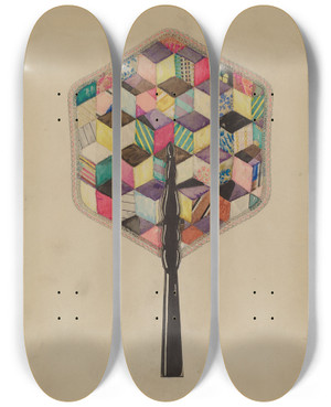 Triptych art skateboard deck of Maud Schmid Fire Screen by Maud Schmid