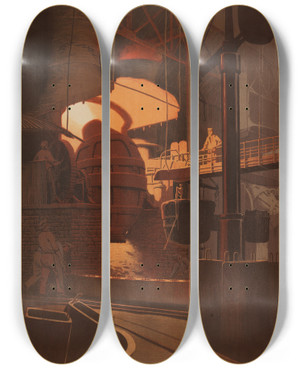 Triptych art skateboard deck of Karl Biese Im Stahlwerk Bei Krupp by Karl Biese (1863-1926)