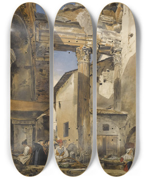Triptych art skateboard deck of Thomas Hartley Cromek The Fish Market Rome by Thomas Hartley Cromek (1809-1873)