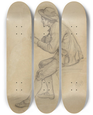 Triptych art skateboard deck of Adolph Tidemand Sittende Mann Med Beger by Adolph Tidemand (1814-1876)