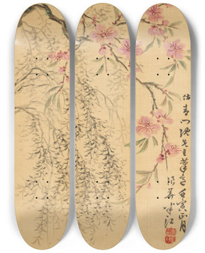Triptych art skateboard deck of Okada Hank Peach Blossoms And Willows by Okada Hanko (1782-1846)