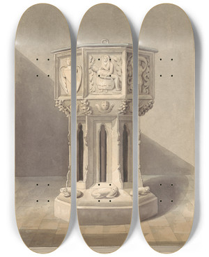Triptych art skateboard deck of Daniel Lysons Ancient Font In West Drayton Church Middlesex by Daniel Lysons (1762-1834)