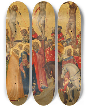 Triptych art skateboard deck of Pietro Lorenzetti The Crucifixion by Pietro Lorenzetti (1280-1348)