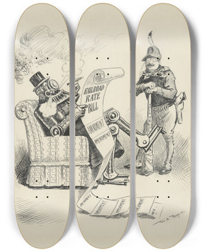 Triptych art skateboard deck of William Allen Rogers He Strives To Please by William Allen Rogers (1854-1931)