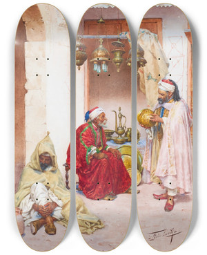 Triptych art skateboard deck of Giulio Rosati In The Souk by Giulio Rosati (1858-1917)