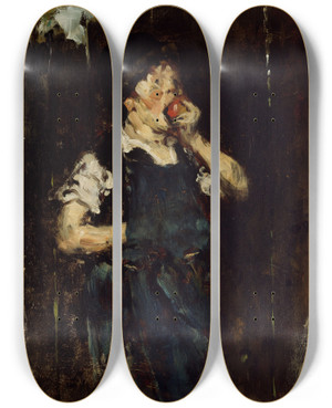 Triptych art skateboard deck of William Merritt Chase The Apprentice Boy With Apple by William Merritt Chase (1849-1916)