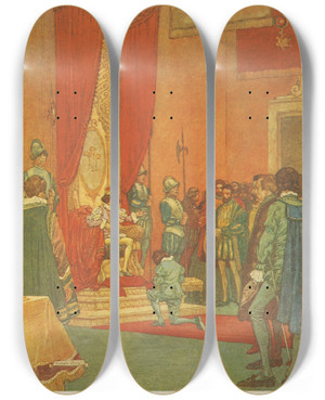 Triptych art skateboard deck of Franklin Booth Tom Canty Knelt Before The King by Franklin Booth (1874-1948)