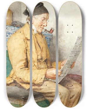 Triptych art skateboard deck of Albert Anker Reading Farmer Sitting By The Tiled Stove by Albert Anker (1831-1910)
