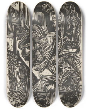 Triptych art skateboard deck of Ernst Ludwig Kirchner Selfportrait With Dancing Death by Ernst Ludwig Kirchner (1880-1938)