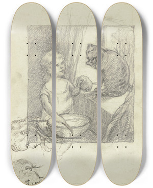 Triptych art skateboard deck of Otto Scholderer Katzenwsche Dabei Studien Eines Kinderkopfes Im Profil Nach Links by Otto Scholderer (1834-1902)