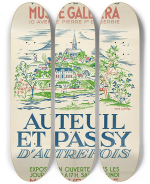 Triptych art skateboard deck of Ren Gabriel Auteuil Et Passy by Rene Gabriel (1890-1950)