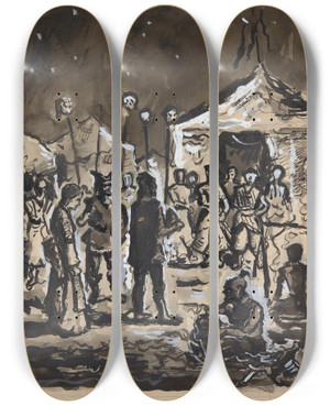 Triptych art skateboard deck of Ivan Ivanec Scena Historyczna W Obozie Wojsk Tureckich by Ivan Ivanec (1893-1946)