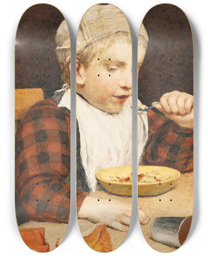 Triptych art skateboard deck of Albert Anker Knabe Mit Mtze Beim Essen by Albert Anker (1831-1910)