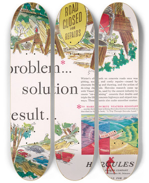 Triptych art skateboard deck of Hercules Incorporated Problem Solution Result March by Hercules Incorporated (20-)