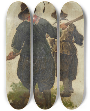 Triptych art skateboard deck of Petrus Van Der Velden Two Marken Bargemen by Petrus van der Velden (1837-1915)