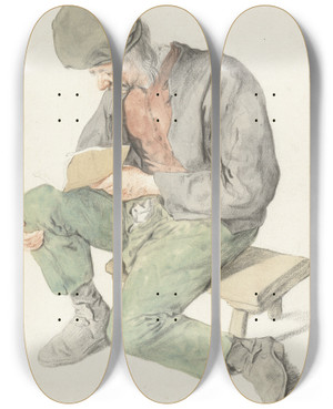 Triptych art skateboard deck of Cornelis Dusart Seated Man Reading Facing Left by Cornelis Dusart (1660-1704)