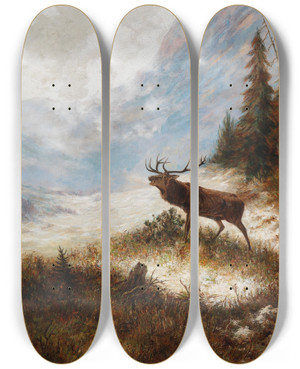 Triptych art skateboard deck of Franz Xaver Von Pausinger Bellowing Stag In A Winter Landscape by Franz Xaver von Pausinger (1839-1915)